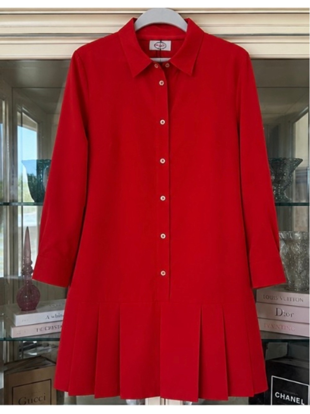 Prada Red Pleated Mini 100% Silk Shirt Dress Size 10 Preppy - Picture 3 of 7